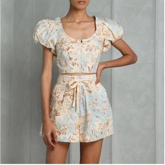 ULLA JOHNSON Kalena Floral Poplin Crop Top Puff Sleeve Front Zip Gardenia Sz 10 - Picture 2 of 15